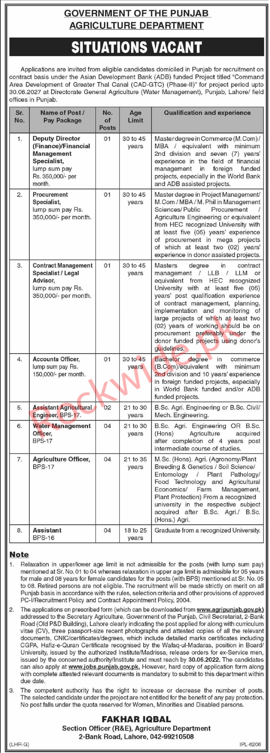 Government of Punjab Agriculture Department Jobs in Lahore